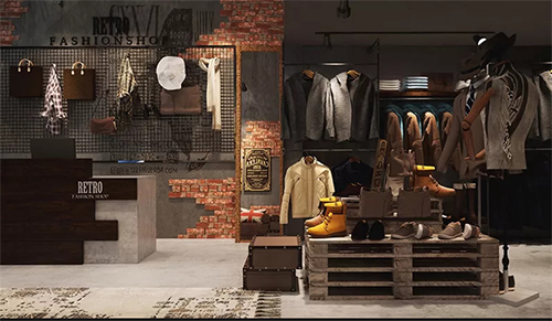 Decor shop quần áo nam phong cách công nghiệp (Industrial)