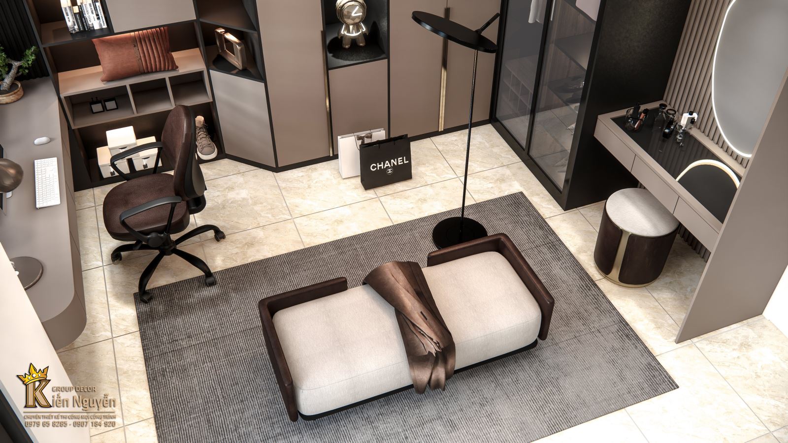 Phòng làm việc kết hợp tủ để đồ